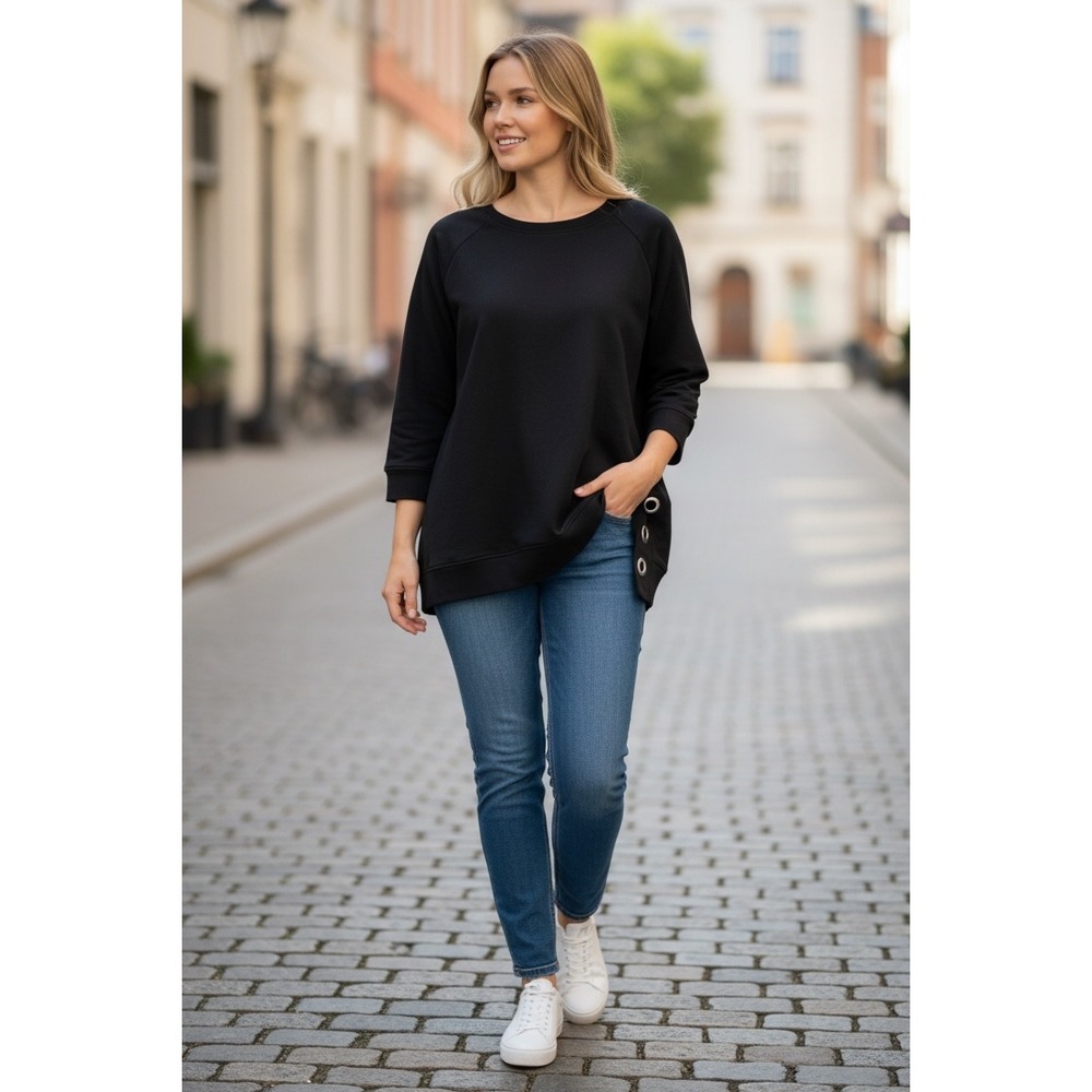 Nanette Nepore Black Grommet Side Slit Sweatshirt Top Size L Raglan 3/4 Sleeve